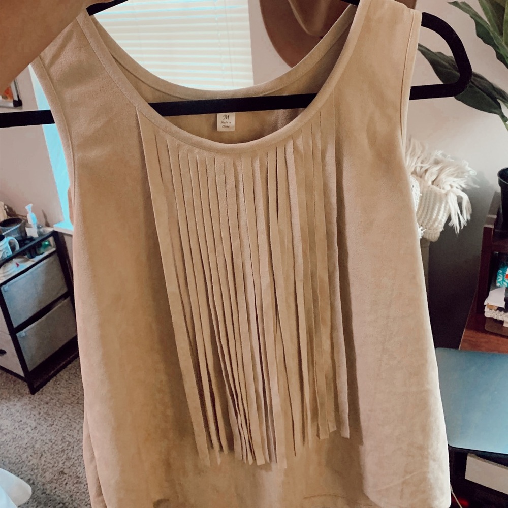 Fringed top- tan/cream color